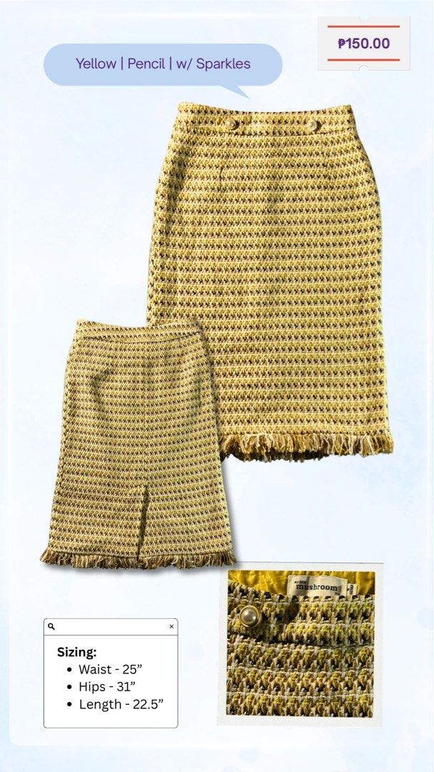 Affordable and Stylish Tweed Skirts ✨ (Category: Skirts) located in Manila. Submitted by nonononnie (Listing ID 1467766555, Image 2). Description: tweed skirts ✨ open for grab - for sale perfect for office, univ fits, Sunday mass, Saturday hangouts, or for some sweet solo dates/ganaps🙂‍↕️ prices and sizes indicated on each photo 📍Makati MOD: Meet-up (Greenbelt, Glorietta, or ATG this Saturday and/or Sunday); J&T delivery or Lalamove (SF shoulde