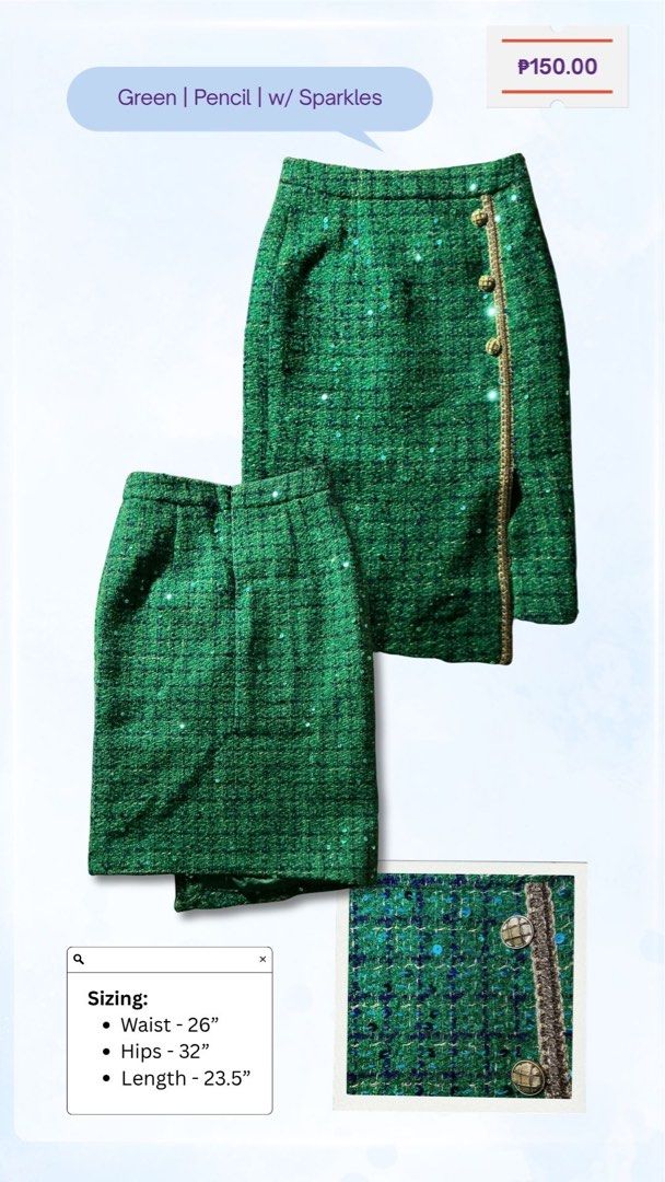 Affordable and Stylish Tweed Skirts ✨ (Category: Skirts) located in Manila. Submitted by nonononnie (Listing ID 1467766555, Image 3). Description: tweed skirts ✨ open for grab - for sale perfect for office, univ fits, Sunday mass, Saturday hangouts, or for some sweet solo dates/ganaps🙂‍↕️ prices and sizes indicated on each photo 📍Makati MOD: Meet-up (Greenbelt, Glorietta, or ATG this Saturday and/or Sunday); J&T delivery or Lalamove (SF shoulde