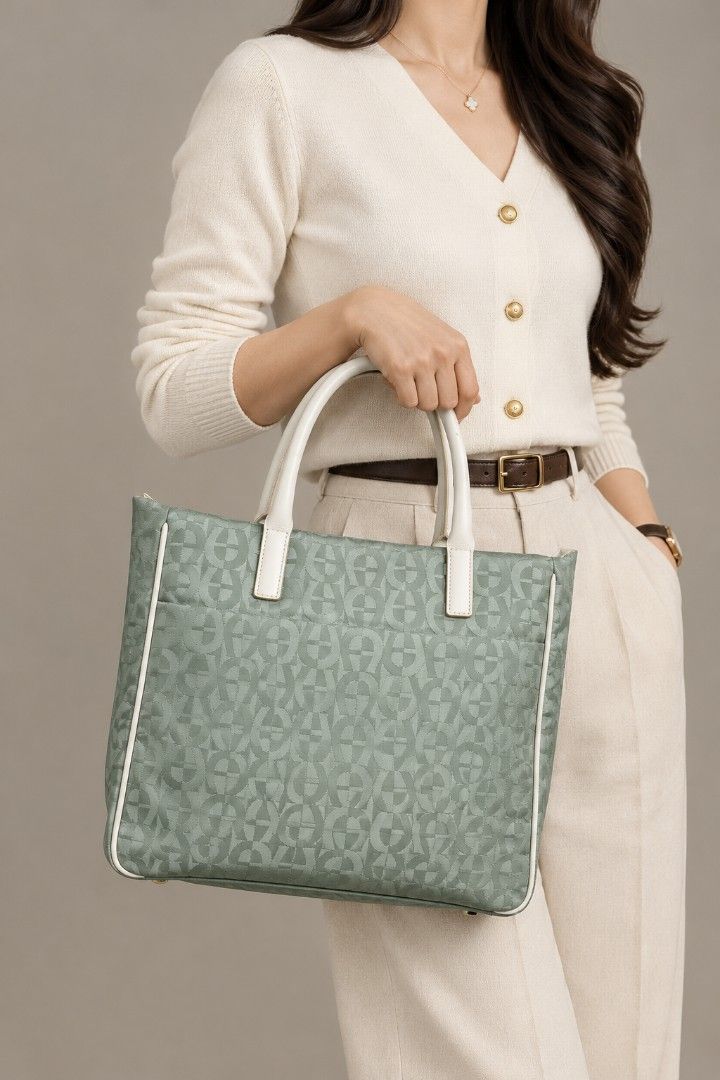 Aigner Vintage Monogram Classic Tote Bag (Category: Tote Bags) located in Baguio. Submitted by PreiLoveMaria (Listing ID 1467761828, Image 1). Description: Aigner tote bag featuring the brand's signature monogram/logo pattern across a durable olive/khaki-toned fabric body, complemented by light beige/cream leather trim and dual top handles. ​Branded with the iconic Aigner logo hardware on the interior leather patch, which also reads "MADE IN ITAL