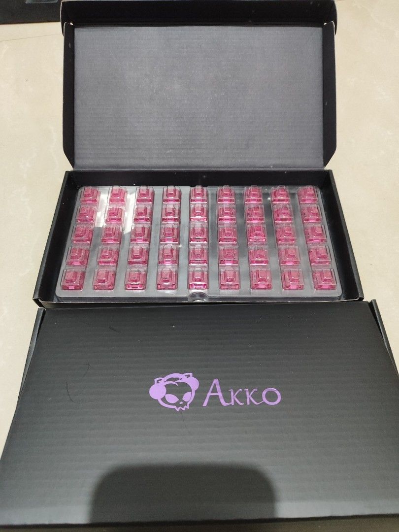 Akko CS Crystal Wine Red Switches (Category: Computer Keyboard) located in Pasay City. Submitted by chachi.romualdo (Listing ID 1467652096, Image 2). Description: - Brand: Akko CS Crystal Wine Red Switches - Switch Type: Linear - Trigger Pressure: 45gf - Stroke: 3.6mm total, 1.6mm conduction - Design: Clear housing - 90 pcs.