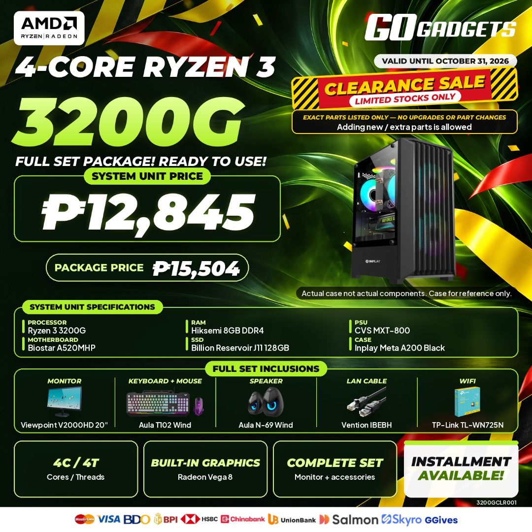 AMD Ryzen 3 3200G Complete Gaming PC Full Set Package (Category: Desktops) located in Caloocan City. Submitted by joseph_elmido (Listing ID 1467714619, Image 1). Description: - Processor: AMD Ryzen 3 3200G with Radeon Vega 8 Graphics - Motherboard: Biostar A520MHP - Memory & Storage: Hiksemi 8GB DDR4 RAM + Billion Reservoir 128GB SSD - Case & Power: Inplay Meta A200 Black Case + CVS MXT-800 PSU - Display: Viewpoint 20-inch Monitor - Peripherals I