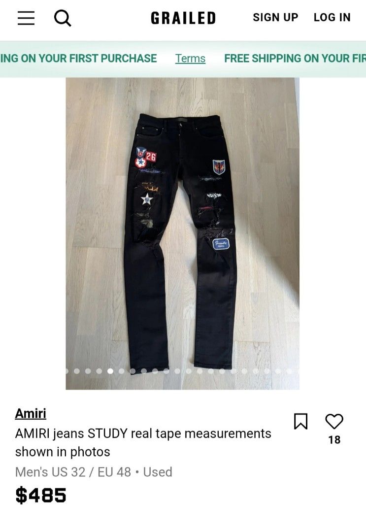 Amiri Art Patch Thrasher Jeans (Category: Jeans) located in Naga. Submitted by secondspinv2 (Listing ID 1467747971, Image 2). Description: Amiri Art Patch Thrasher Jeans ✅Size: 32 ✅Waist: 31 ✅Length: 43 ✅Hem: 5.5 ✅Color Rate: 9.5/10 ✅No Issue ✅Need Wash ✅Location: Bicol Naga City, Camarines Sur ✅Courier: J&T Express/Flash Express ✅MOP: Gcash only.