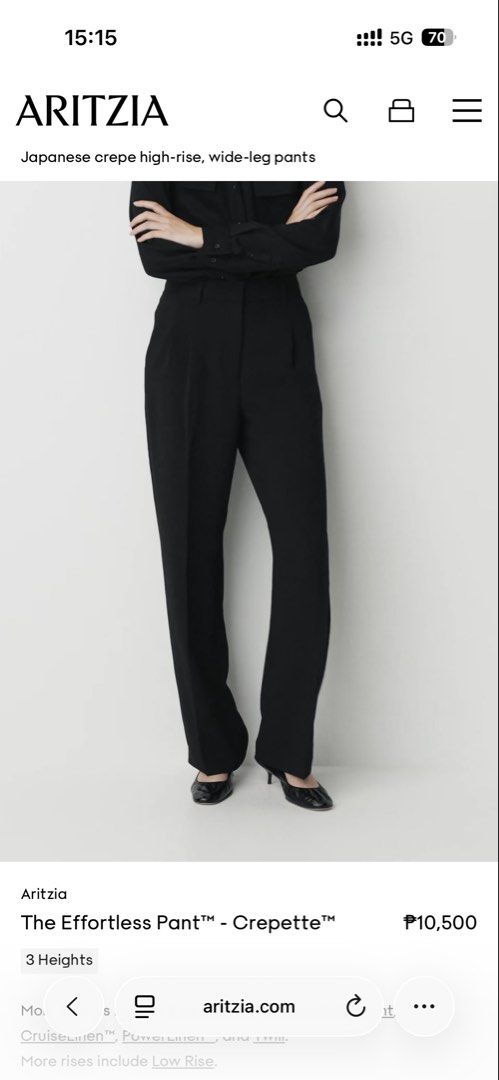 Aritzia The Effortless Pant Crepette Material Black (Category: Jeans) located in Taguig. Submitted by skgdcloset (Listing ID 1467667647, Image 1). Description: Wrinkle free material. Excellent staple piece from the Japanese crepe collection Black trousers fits xs-s Rfs: brother bought me the wrong item and its wayyy too long on me Retails for $150.