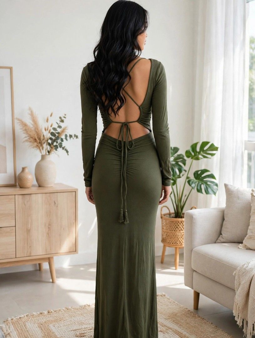 Army Green Long Sleeve Backless Maxi Dress | Medium & Large (Category: Dresses) located in Manila. Submitted by jollyann_b1990 (Listing ID 1467640595, Image 2). Description: 💚 FRONT CLASSY, BACK SEXY! 💚 Yung dress na pag harap — elegant & decent, pag talikod — WOW! Pang Instagram talaga! *Details:* - Color: Army Green / Olive Green *Why mabenta to:* ✨ 2-in-1 look: pang family dinner sa harap, pang party / date sa likod ✨ Sexy pero hindi bastos 