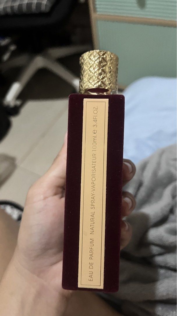 Asdaaf Ameerat Al Arab Eau De Parfum 100ml (Category: Fragrance & Deodorants) located in Antipolo. Submitted by france.29 (Listing ID 1467623260, Image 3). Description: - Brand/Scents: Asdaaf Ameerat Al Arab by Lattafa - Concentration/Size: Eau de Parfum (EDP), 100ml / 3.4 fl. oz - Packaging: Comes in a matching luxury red velvet box with gold trim - Bottle Design: Velvet maroon bottle with elegant gold cap and accents - Performance: Strong Arabi
