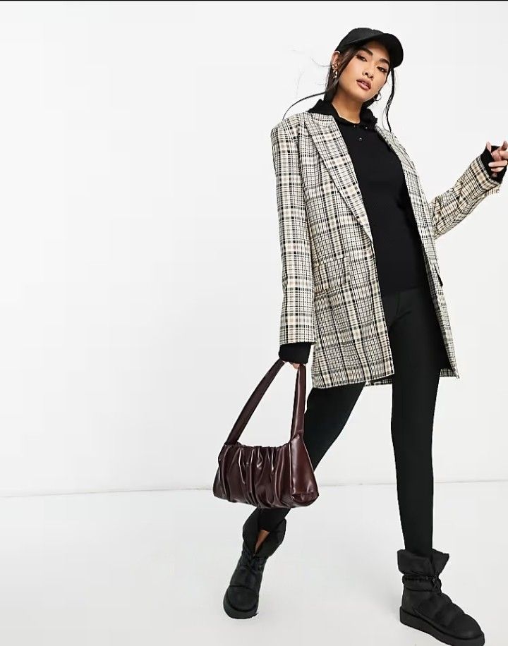 ASOS DESIGN Longline Perfect Blazer in Multi Check (Category: Coats, Jackets and Outerwear) located in Cabanatuan. Submitted by miss.maia (Listing ID 1467763814, Image 2). Description: ASOS DESIGN Longline Perfect Blazer in Multi Check. It features a classic relaxed longline silhouette, padded shoulders, notch lapels, a single-button closure, and front pockets decorated in a cream, khaki green, and dark brown vintage-style plaid pattern.