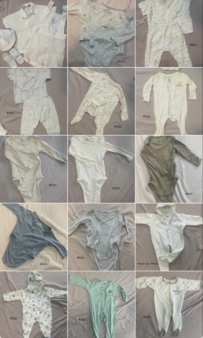 Assorted Baby Clothes Rompers Bodysuits Sets (Category: Babies & Kids Fashion) located in Caloocan City. Submitted by mariacris_ms005 (Listing ID 1467809179, Image 1). Description: - Bundle includes: Onesies, rompers, bodysuits, and 1 formal set - Colors: White, grey, blue, and green with cute prints and patterns - Sizes & Styles: Assorted sizes and styles for growing little ones - Condition: Great selection for daily wear or special occasions - 