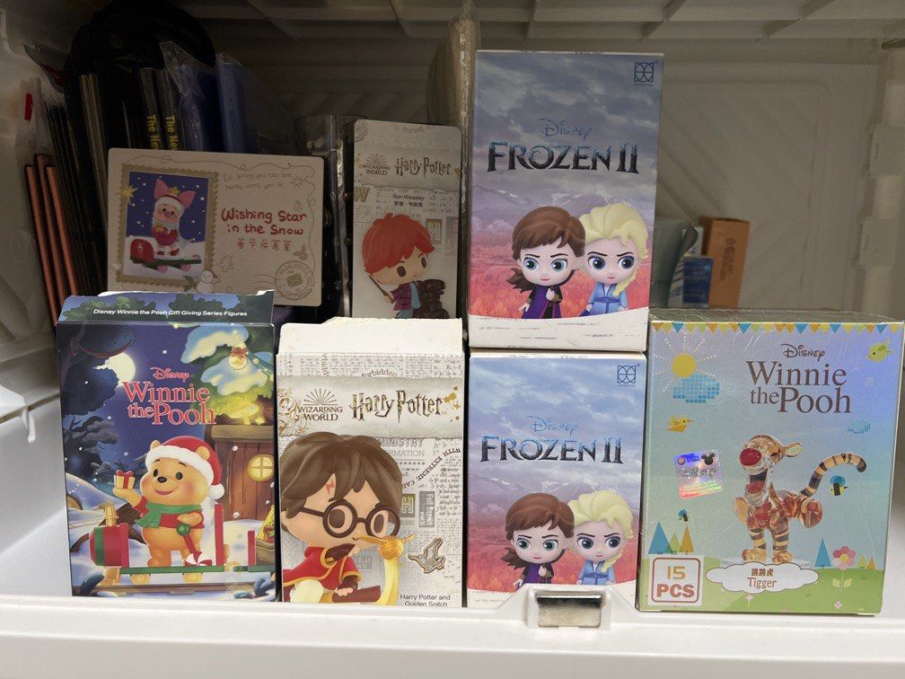 Assorted blindbox (Category: Designer & Blind Box Toys) located in Singapore. Submitted by takeandgo_clearance (Listing ID 1467740555, Image 1). Description: Winnie the pooh @ $10 Harry potter @ $12 Frozen @ $8 each Disney winnie the pooh @ $8.