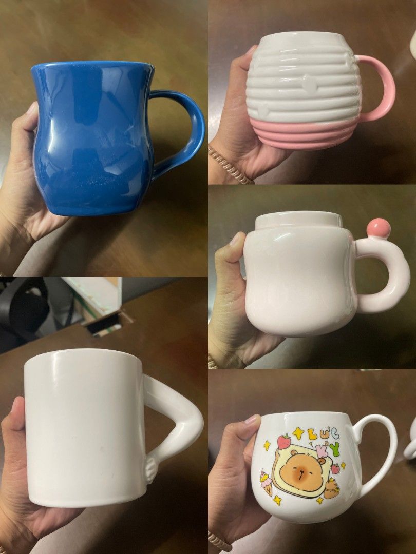 Assorted Cute Ceramic Mugs and Cups (Category: Coffee & Tea Tableware) located in Manila. Submitted by joshleyy (Listing ID 1467718034, Image 2). Description: - Quirky and fun ceramic mug collection - Features Kitty, cartoons, animal shapes, and Chachabucks parody - Ideal for coffee, tea, or cute desk decor - Mix of vibrant colors and unique styles - Available for individual purchase or as a set - Price ranges at 120-180.