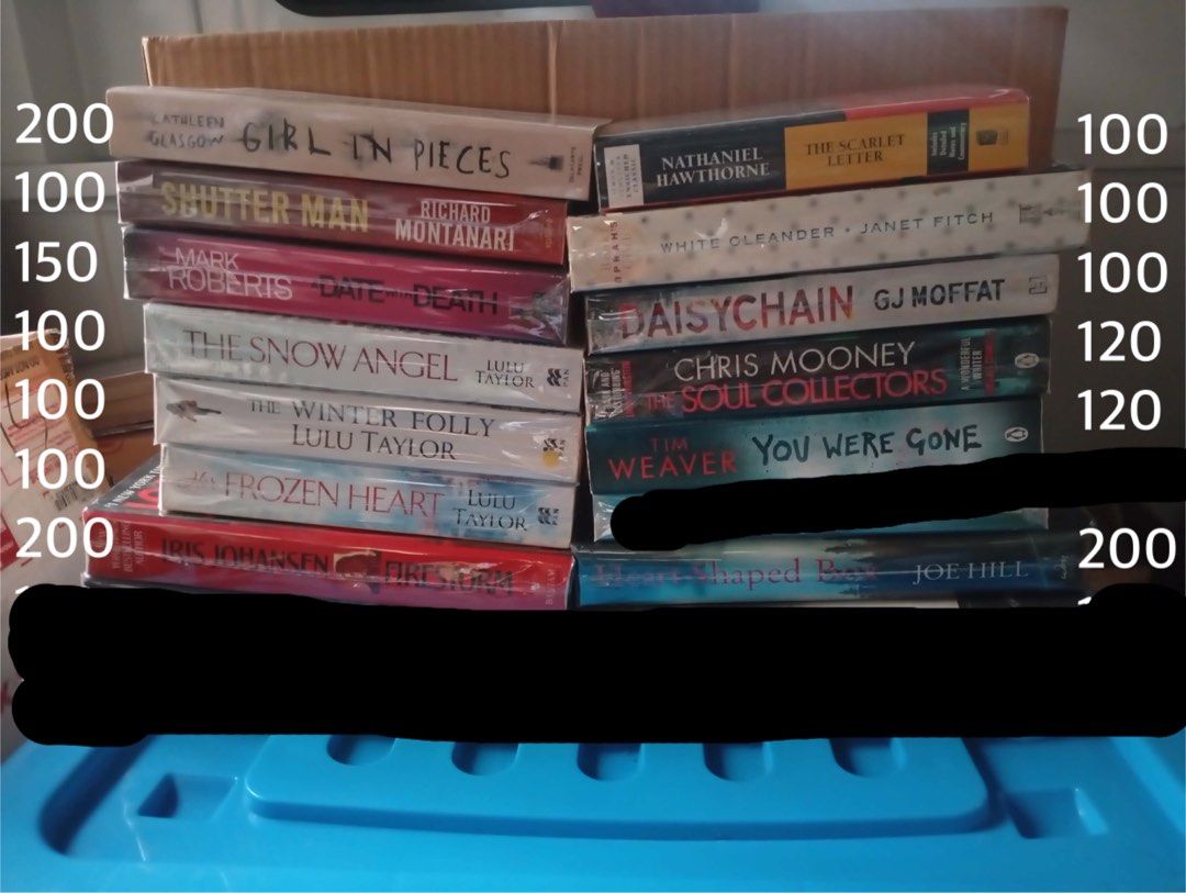 Assorted Fiction and Mystery Paperback Novels (Category: Storybooks) located in Dasmarinas. Submitted by kristelm30 (Listing ID 1467620774, Image 1). Description: Assorted books genre - Price: ₱100 to 200 each (as marked on the sides) -hardbound and paperback - complete pages, good condition 🫶🏻.