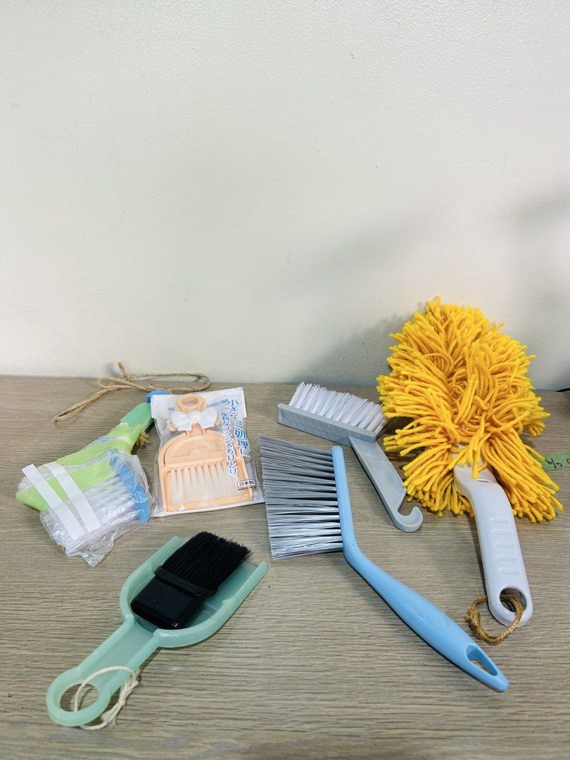 Assorted household cleaning brushes and dustpans set (Category: Cleaning Tools & Supplies) located in Manila. Submitted by starbalesukandjapansurplus (Listing ID 1467659213, Image 1). Description: - Complete home cleaning tools bundle - Includes yellow yarn duster, light blue hand broom, grey plastic brush, green dustpan with black brush, mini pink dustpan set, and wrapped green brush - Ideal for dusting shelves, cleaning keyboards, and reaching 