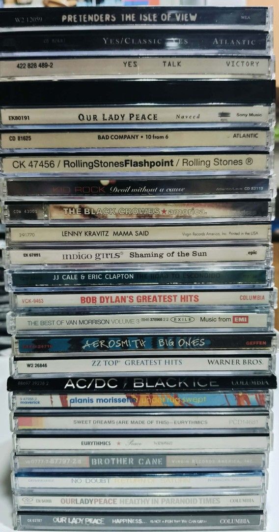 Assorted Rock CDs (Category: CDs & DVDs) located in Taguig. Submitted by sellout2ny (Listing ID 1467720387, Image 1). Description: 200/250 each VG+/NM discounts on bulk order - Massive CD bundle: Classic rock, alternative, and pop albums - Featured artists: AC/DC, Aerosmith, Bob Dylan, Alanis Morissette, No Doubt, Our Lady Peace, Yes, Eurythmics, and many others - Condition: Standard jewel cases complete with original artwork and discs - Ideal fo