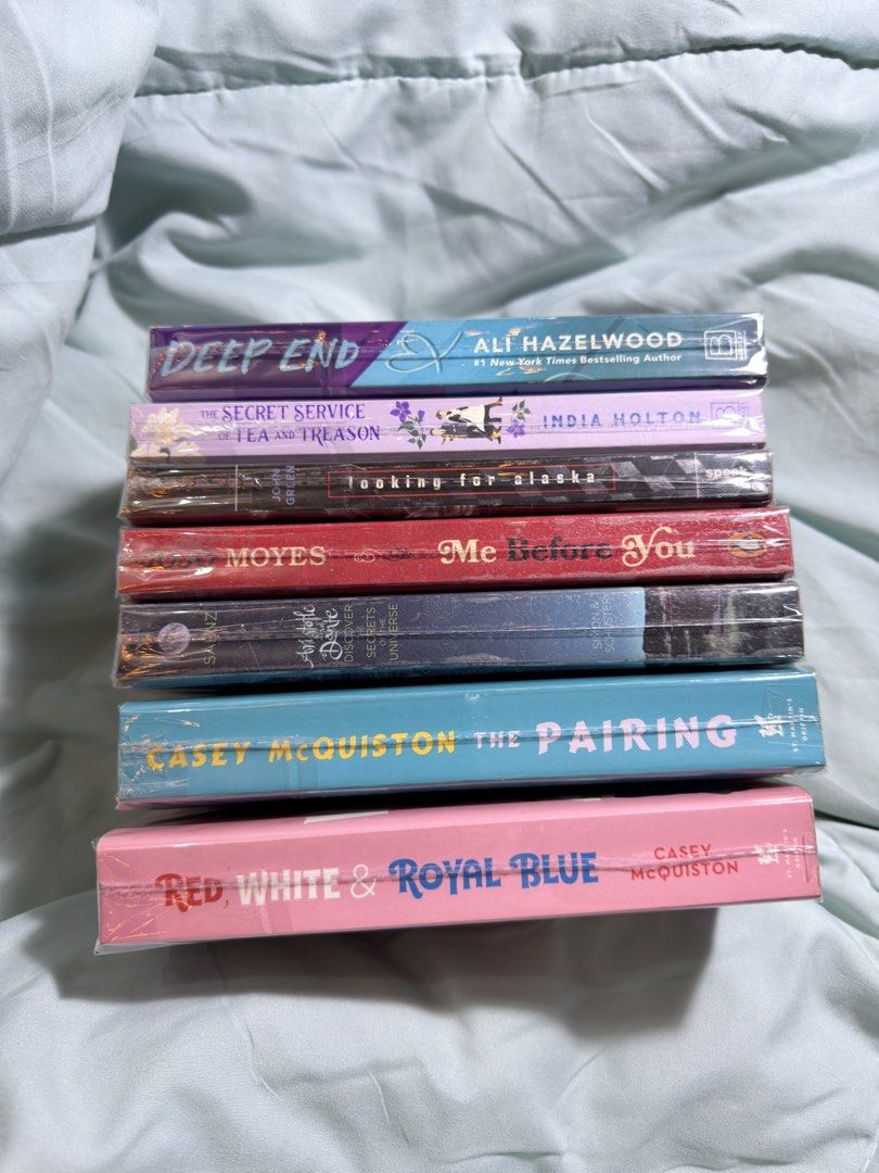 Assorted Romance and Fiction Paperback Novels Bundle (Category: Storybooks) located in Taguig. Submitted by wtfprkjm (Listing ID 1467725122, Image 1). Description: Deep End (Ali Hazelwood) - 300 The Secret Service of Tea and Treason (India Holton) - 200 Looking for Alaska (John Green) - 100 Me Before You (Jojo Moyes) - 100 Aristotle and Dante Discover the Secrets of the Universe - 100 The Pairing - 300 Red, White & Royal Blue (Casey McQuiston) - 