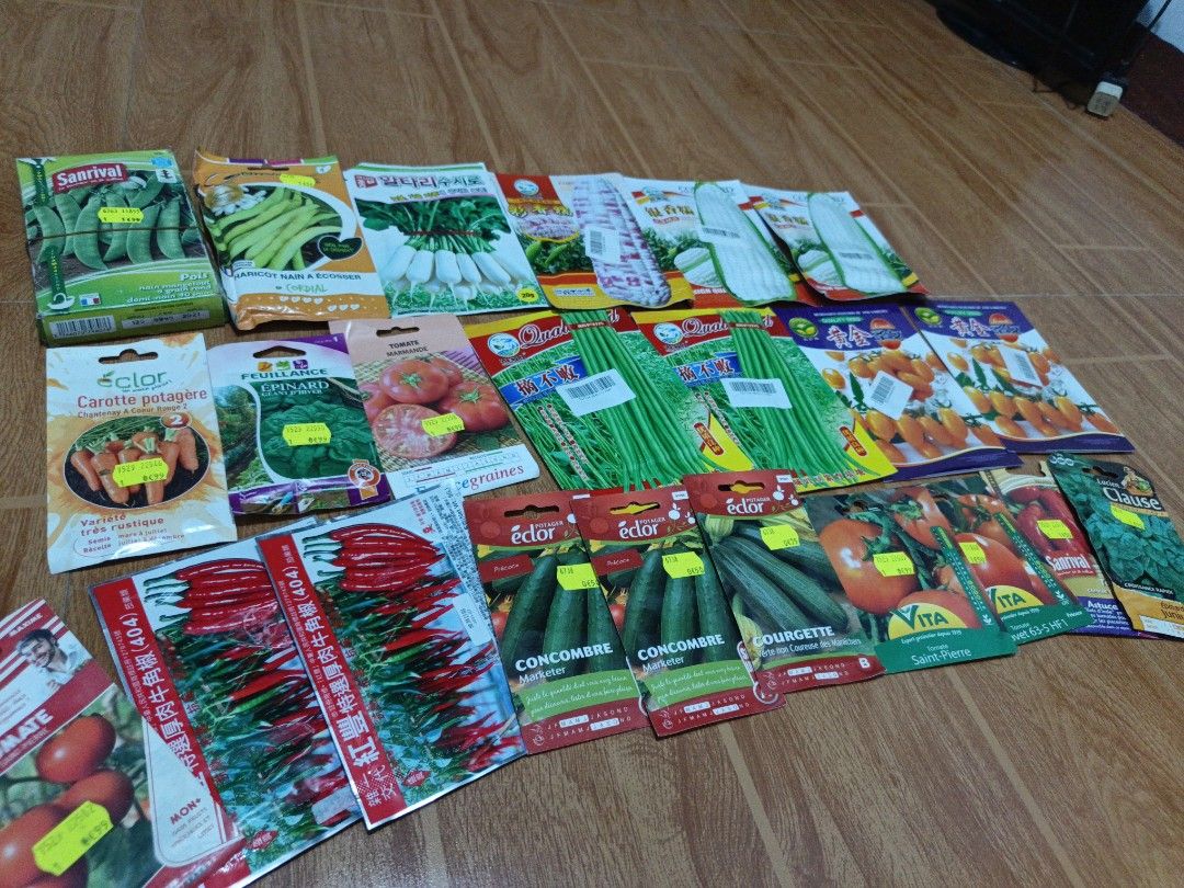 Assorted Vegetable and Fruit Seed Packets (Category: Plants & Seeds) located in Lubao. Submitted by candiesss. (Listing ID 1467704813, Image 2). Description: - Large batch of brand new, unopened gardening seed packets - Variety of crops: peas, green beans, radishes, carrots, spinach, tomatoes, cucumbers, corn, peppers, and lettuce - Mix of trusted brands including Eclor, Sanrival, Vita, and others - Multiple packets available for several crop typ