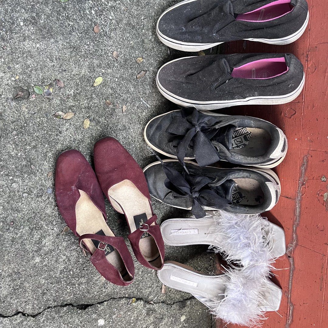 Assorted Women's Shoes Bundle Lot (Category: Sneakers) located in Quezon City. Submitted by altheakatecollection (Listing ID 1467683711, Image 2). Description: Sizes ,6,7,8 - Assorted women's footwear bundle lot - Includes slip-on sneakers, Puma ribbon sneakers, and chunky heel dress shoes - Also comes with fuzzy slides, strappy sandals, suede loafers, and jelly shoes - Mixed styles and sizes ranging from casual flats to dressy options - Great wa