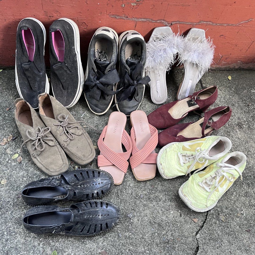Assorted Women's Shoes Bundle Lot (Category: Sneakers) located in Quezon City. Submitted by altheakatecollection (Listing ID 1467683711, Image 1). Description: Sizes ,6,7,8 - Assorted women's footwear bundle lot - Includes slip-on sneakers, Puma ribbon sneakers, and chunky heel dress shoes - Also comes with fuzzy slides, strappy sandals, suede loafers, and jelly shoes - Mixed styles and sizes ranging from casual flats to dressy options - Great wa