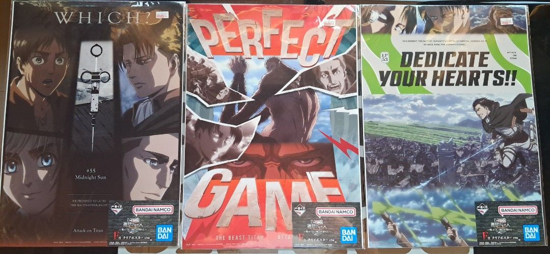 Attack on Titan Ichiban Kuji Clear Posters (Category: Art & Prints) located in Baguio. Submitted by mooncollectibles_000a43 (Listing ID 1467615912, Image 1). Description: - Official Bandai Namco merchandise straight from Ichiban Kuji - clear posters featuring iconic final season episodes: Midnight Sun, Perfect Game, and Dedicate Your Hearts - Made of durable clear plastic for a sharp, vibrant display - Original packaging intact - Perfect for deco