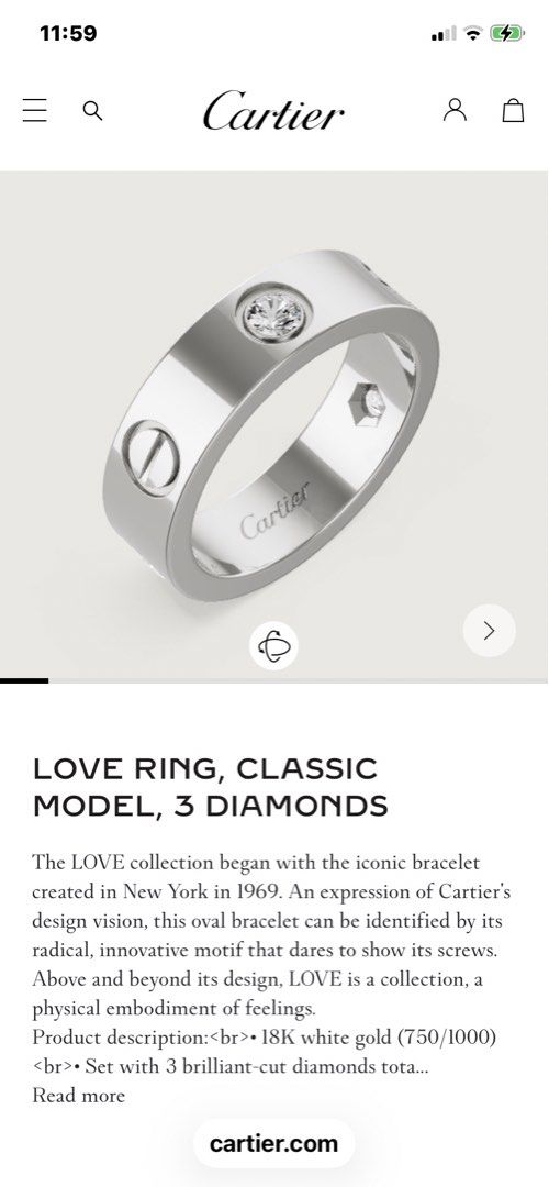 Auth Cartier classic love ring 3 diamonds 59 (Category: Rings) located in Muntinlupa City. Submitted by shoebizzness (Listing ID 1467610573, Image 1). Description: Auth Cartier classic love ring 3 dia Retails in store around 311 k Size 59 Comes with CoA fr legit app Comes w provided box only Meet up ok alabang .