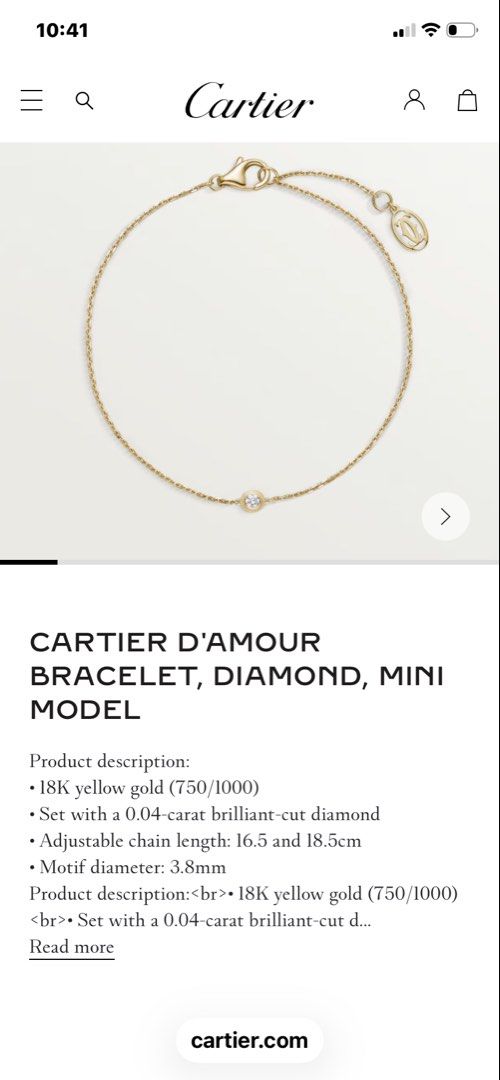 Auth Cartier d’amour bracelet YG mini model (Category: Bracelets) located in Muntinlupa City. Submitted by shoebizzness (Listing ID 1467611735, Image 1). Description: Auth Cartier d’amour bracelet mini model YG .05 diamond Dainty great as a gift for your daughter 6.5 to 7.25 length Meet up alabang .