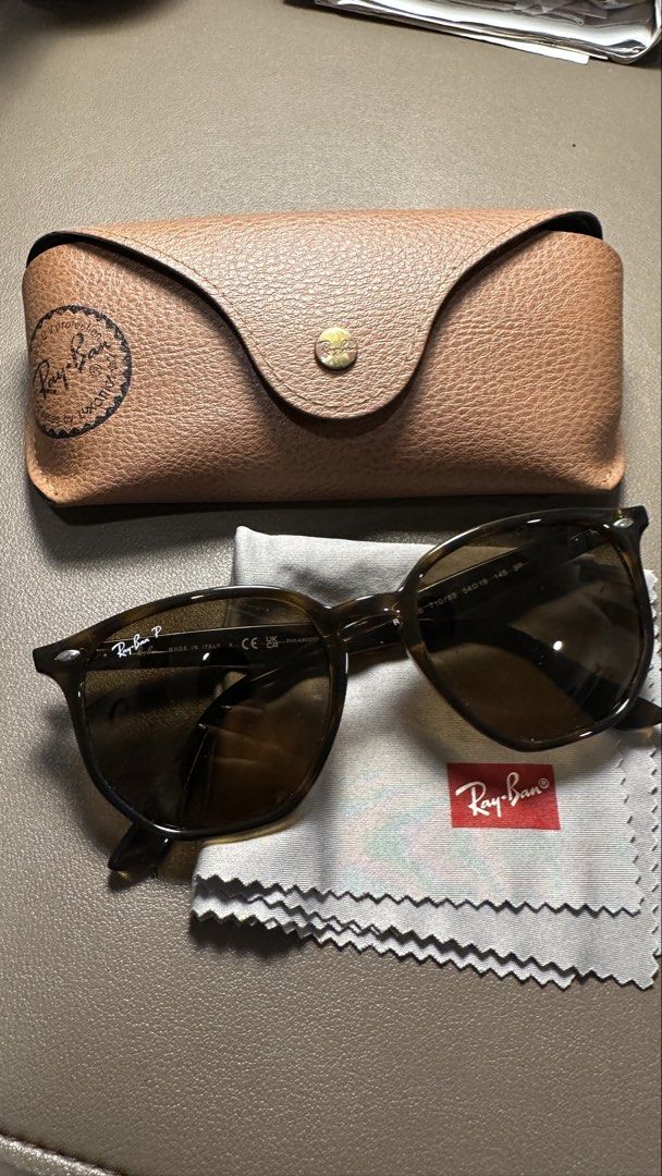 Authentic Polarized Raybans RB4306 (Category: Sunglasses & Eyewear) located in Pasay City. Submitted by jeannesee (Listing ID 1467662122, Image 2). Description: - Brand: Ray-Ban - Model: RB4306 710/83 54-19 145 3P - Frame: Tortoise shell - Lenses: Dark brown, polarized (3P) - Origin: Made in Italy - Inclusions: Light brown leatherette hard case, cleaning cloth with Ray-Ban logo, original packaging, and tags - Condition: Very lightly used, once or