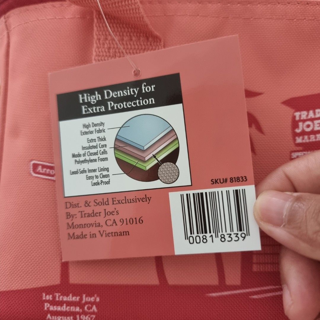 Authentic Trader Joe's Mini Insulated Lunch Bag (Category: Tote Bags) located in Las Pinas. Submitted by 2nd_soul (Listing ID 1467671062, Image 2). Description: - Brand: Trader Joe's - Color: Salmon / Orange - Design: Retro store graphic with palm trees (Pasadena, CA, Aug 1967) - Condition: Brand new with original tag attached (SKU 81833) - Capacity: Holds up to 1.5 gallons - Features: Extra thick insulated core, leak-proof, and easy to clean.