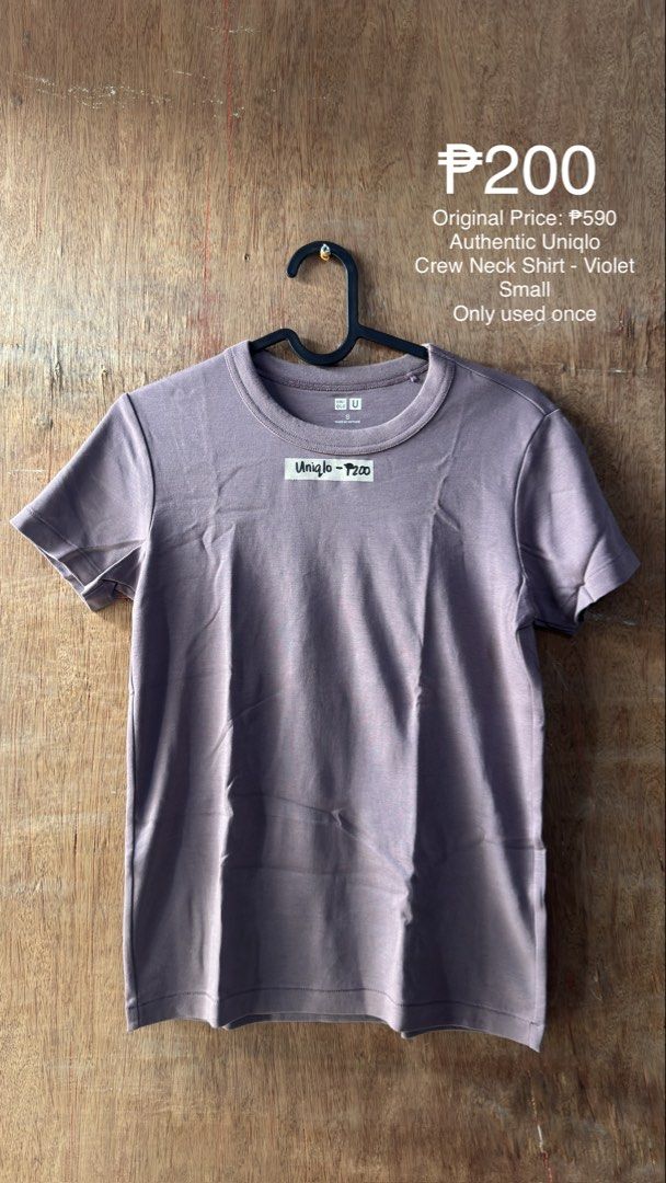 Authentic Uniqlo Crew Neck Shirt Violet Small (Category: Shirts) located in Cavite. Submitted by __elizagarcia.xi (Listing ID 1467777790, Image 1). Description: - Brand: Authentic Uniqlo - Color: Violet - Size: Small (Made in Vietnam) - Condition: Used only once, good as new / flaw-free - Retail Price: ₱590 - Perfect comfortable everyday basic top.