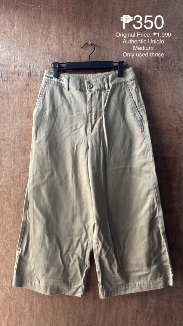 Authentic Uniqlo Medium Khaki Pants (Category: Other Bottoms) located in Cavite. Submitted by __elizagarcia.xi (Listing ID 1467776703, Image 1). Description: - Brand: Authentic Uniqlo - Item: Wide-leg pants - Color: Khaki - Size: Medium (Waist: 64cm, Hip: 91cm) - Material: 100% Cotton - Condition: Like new (Used only 3 times, well-maintained) - Original Price: ₱1,990.
