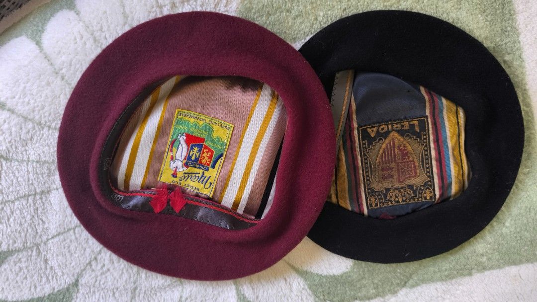 AUTHENTIC VINTAGE (Lerida and Elo Mario) BERET BUNDLE SET (Category: Hats & Beanies) located in Dasmarinas. Submitted by modcloset_ph (Listing ID 1467615780, Image 1). Description: Selling as a set: 2 authentic vintage European berets. Can also buy per piece Elo Mario Burgundy Basque Beret — ₱1,500 Lerida Black Wool Beret — ₱2,000 Bundle price: ₱3,000 Classic vintage pieces with beautiful striped inner linings and distinctive interior labels. Per