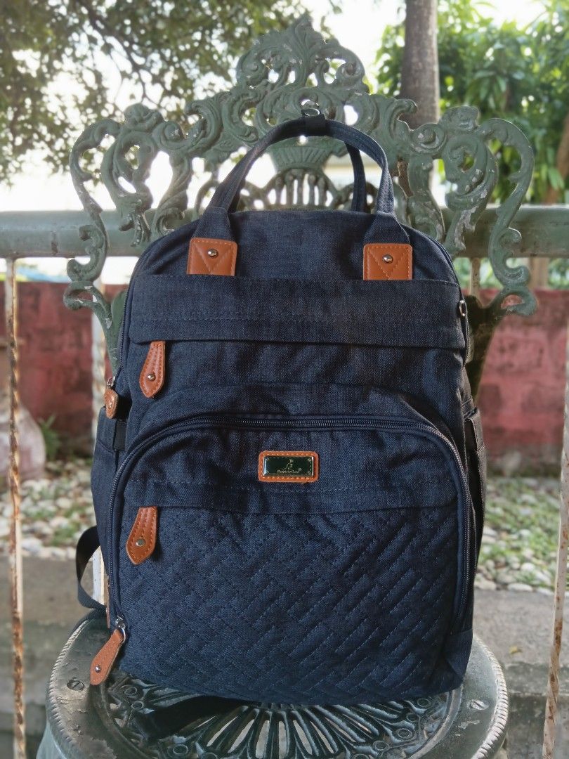 Babbleroo Denim Diaper Backpack with Changing Pad (Category: Backpacks) located in Angeles City. Submitted by itsandspreloved (Listing ID 1467689415, Image 1). Description: padala from US very functional madaming compartments with diaper changing pad.