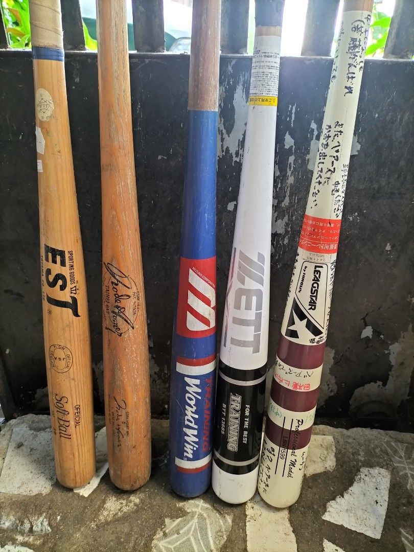 Baseball Bats and Glove Assorted (Category: Racket and Ball Sports) located in Cainta. Submitted by banzvi73 (Listing ID 1467640274, Image 2). Description: Pre-owned baseball and softball items available for individual purchase. All items show signs of previous use. - EST Official Soft Ball Bat (33 inches): ₱650 - Pro Sports Bat: ₱650 - World Win Training Bat: ₱650 - Zett Training Bat (BTT 13685): ₱800 - Leagstar Professional Model Bat (LBN1599):