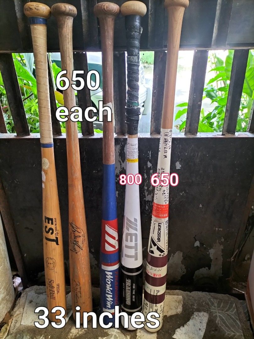Baseball Bats and Glove Assorted (Category: Racket and Ball Sports) located in Cainta. Submitted by banzvi73 (Listing ID 1467640274, Image 1). Description: Pre-owned baseball and softball items available for individual purchase. All items show signs of previous use. - EST Official Soft Ball Bat (33 inches): ₱650 - Pro Sports Bat: ₱650 - World Win Training Bat: ₱650 - Zett Training Bat (BTT 13685): ₱800 - Leagstar Professional Model Bat (LBN1599):