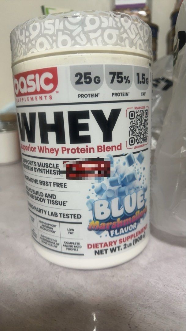 Basic Supplements Whey Protein Blue Marshmallow Flavor 2lb (Category: Sports & Fitness Nutrition) located in Manila. Submitted by silentfox_082657 (Listing ID 1467790526, Image 1). Description: - Flavor: Blue Marshmallow - Size: 2 lb (908g) - Protein per serving: 25g (low fat) - Benefits: Supports muscle synthesis and fast recovery - Quality: rBST hormone-free and third-party lab tested - Condition: Brand new, unopened, with factory-sealed cap.