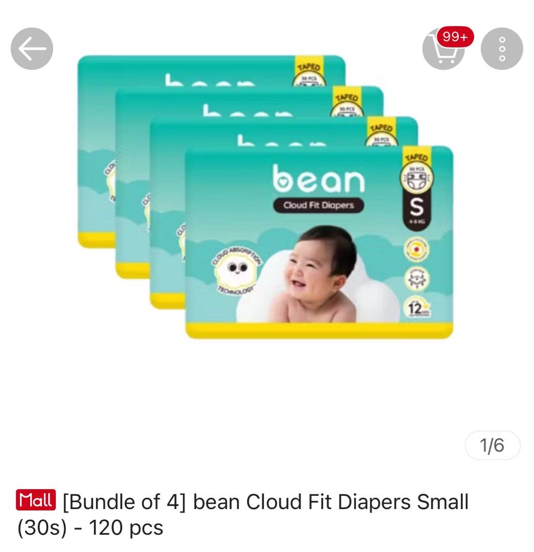 bean Cloud Fit Diapers Small Bundle of 4 (120 pcs) (Category: Diapers & Baby Wipes) located in Makati City. Submitted by shop.millennialcloset (Listing ID 1467671192, Image 1). Description: - Item: Bean Cloud Fit Taped Diapers (Bundle of 4 packs) - Size: Small (Suitable for 4 to 8 kg) - Quantity: 120 pieces total (30 pcs per pack) - Features: Cloud absorption technology for superior comfort and dryness - Condition: Brand new, unused, and unopened