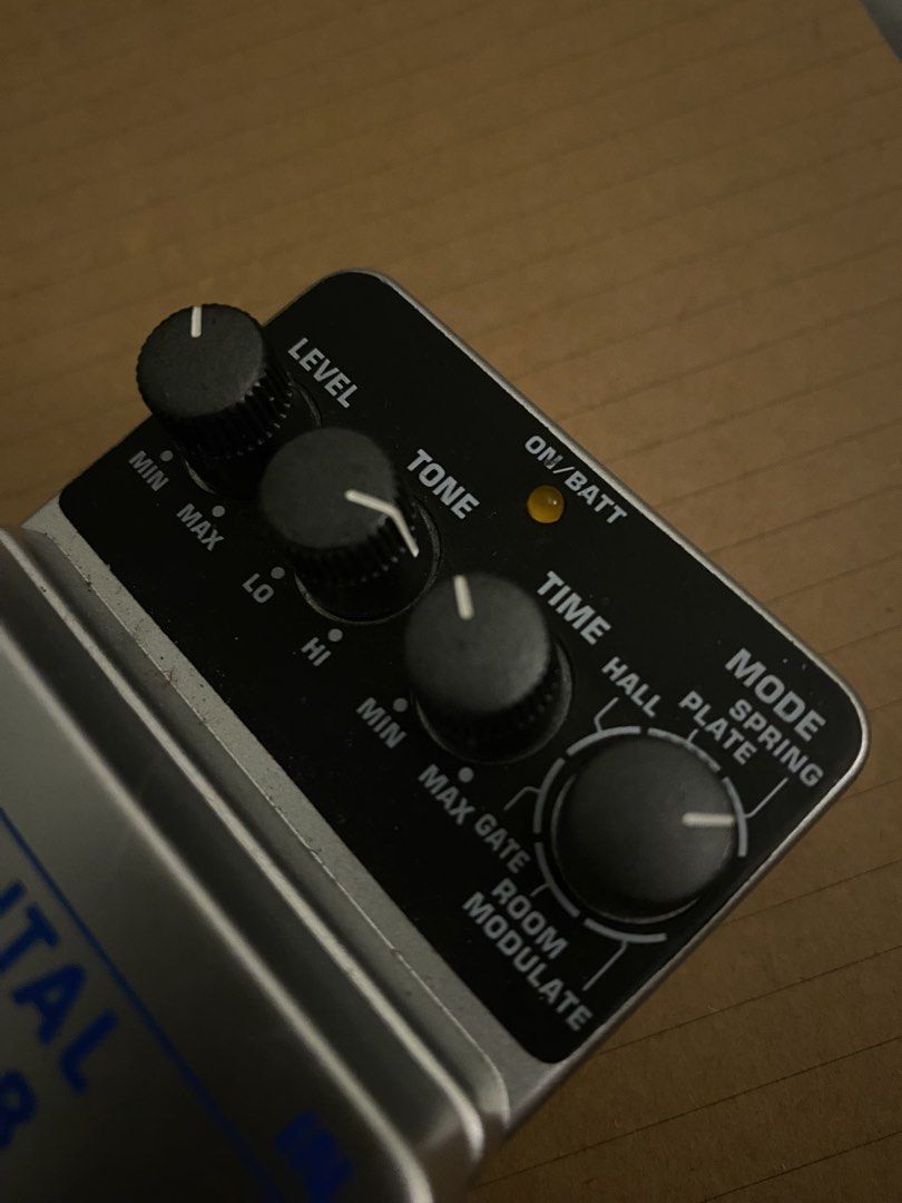 Behringer DR600 Digital Reverb Pedal (Category: Musical Instruments) located in Muntinlupa City. Submitted by lucky_mikhail.enver (Listing ID 1467653276, Image 2). Description: - Item: Behringer DR600 Digital Reverb Guitar Pedal - Condition: Clean and 100% fully functional - Reverb Modes: Spring, plate, hall, room, and gate - Connectivity: Stereo inputs and outputs - Controls: Dedicated knobs for level, tone, time, and mode selection - Power: Run