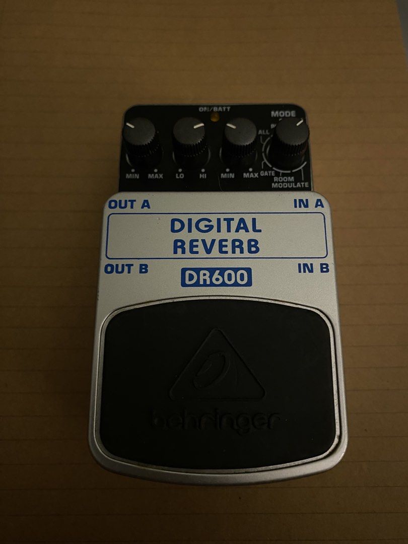Behringer DR600 Digital Reverb Pedal (Category: Musical Instruments) located in Muntinlupa City. Submitted by lucky_mikhail.enver (Listing ID 1467653276, Image 1). Description: - Item: Behringer DR600 Digital Reverb Guitar Pedal - Condition: Clean and 100% fully functional - Reverb Modes: Spring, plate, hall, room, and gate - Connectivity: Stereo inputs and outputs - Controls: Dedicated knobs for level, tone, time, and mode selection - Power: Run