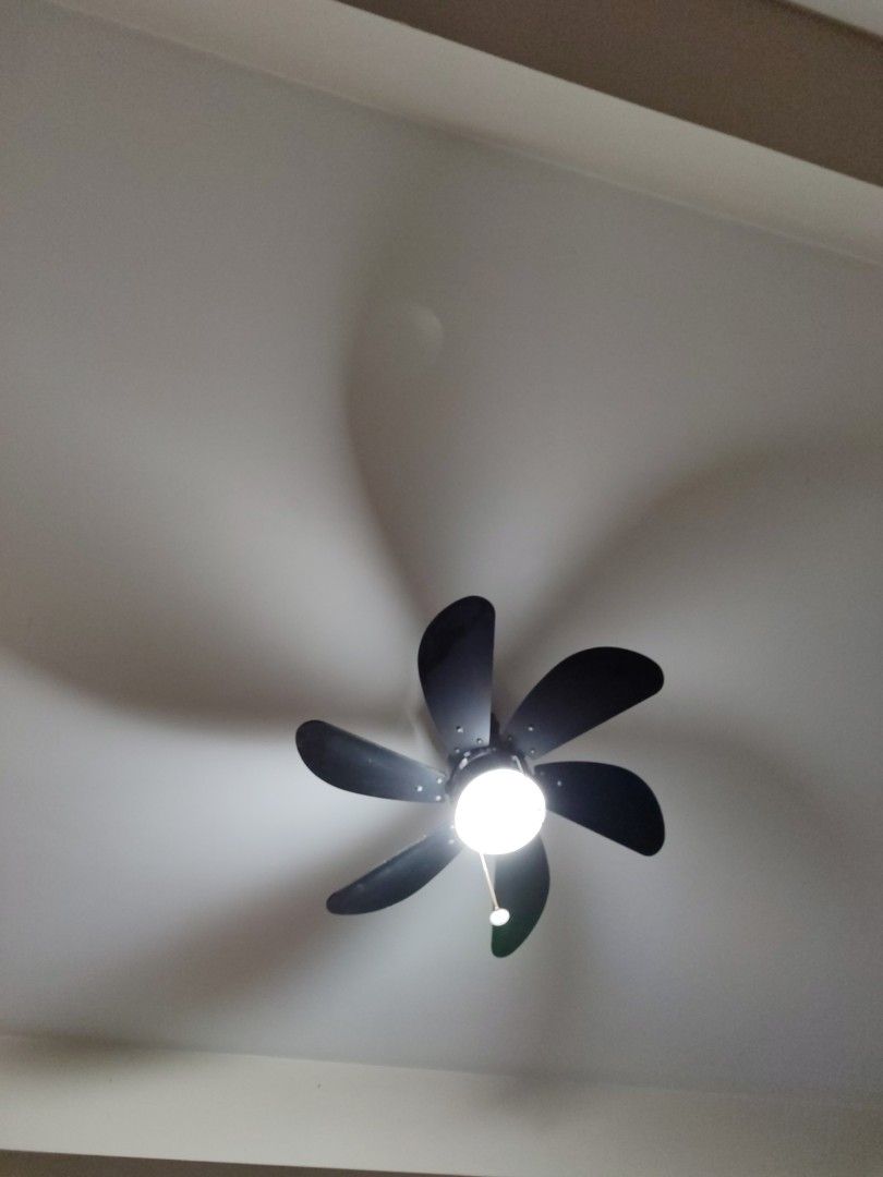 Black 6-Blade Ceiling Fan with Integrated Light Fixture (Category: Fans) located in Manila. Submitted by royalowl_34d849 (Listing ID 1467751117, Image 2). Description: - Elegant black finish with 6 curved wooden blades - Built-in bright center light fixture - Dual pull chains with decorative metal fobs for speed and light control - Perfect size for standard room setups - Direct wiring required for installation.