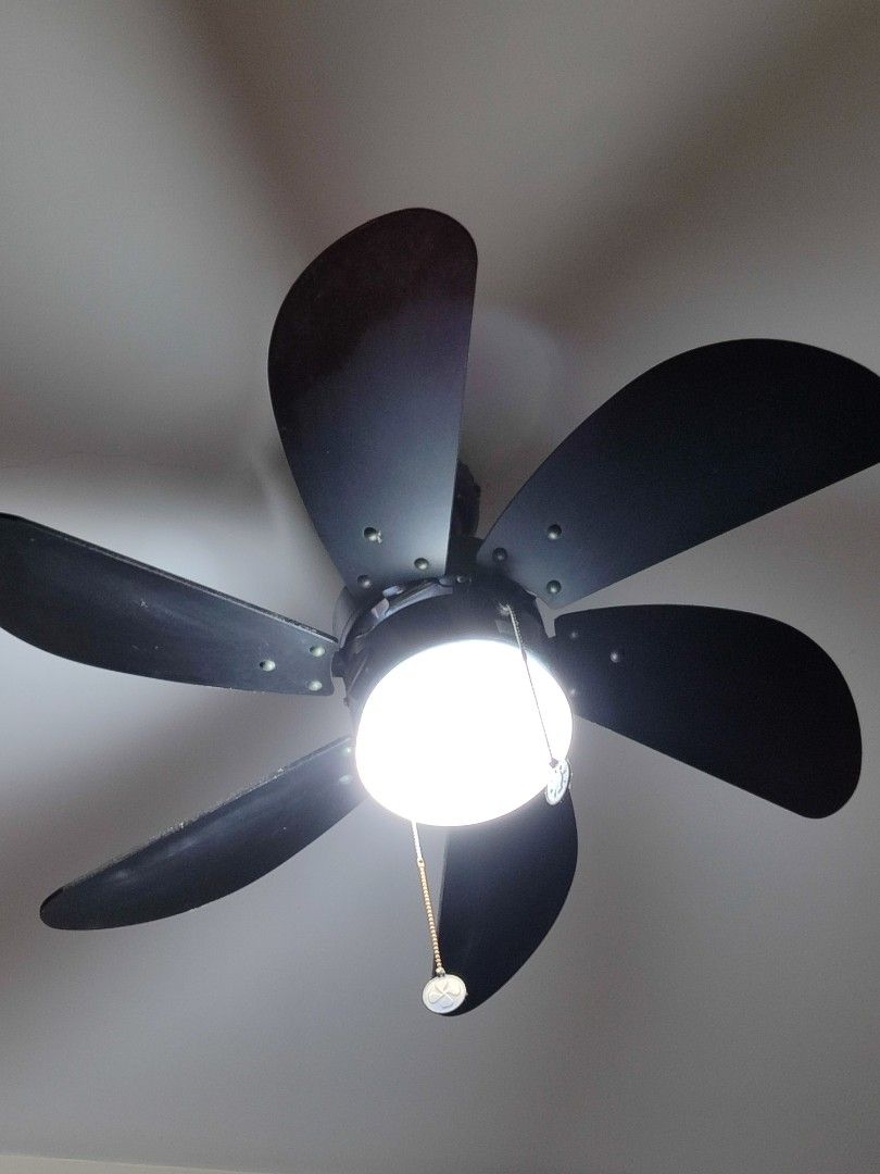 Black 6-Blade Ceiling Fan with Integrated Light Fixture (Category: Fans) located in Manila. Submitted by royalowl_34d849 (Listing ID 1467751117, Image 1). Description: - Elegant black finish with 6 curved wooden blades - Built-in bright center light fixture - Dual pull chains with decorative metal fobs for speed and light control - Perfect size for standard room setups - Direct wiring required for installation.
