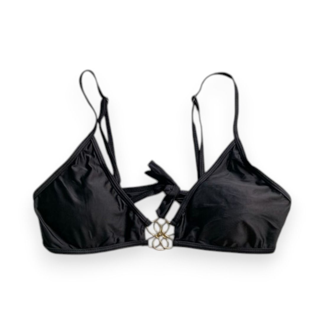 Black bikini top with gold hardware tie back (Category: Bikinis & Swimsuits) located in Rizal. Submitted by sheeraay (Listing ID 1467647160, Image 1). Description: - Color: Classic solid black - Design: Elegant gold floral ring detail in the center - Fit: Adjustable shoulder straps and secure tie-back bow for a custom fit - Versatility: Great standalone piece for mixing and matching with your favorite bottoms - Condition: Impeccably clean inside 