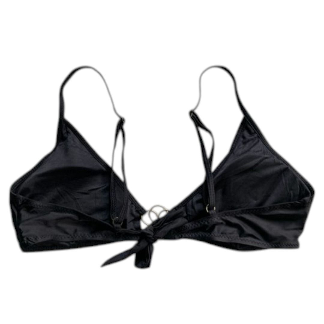 Black bikini top with gold hardware tie back (Category: Bikinis & Swimsuits) located in Rizal. Submitted by sheeraay (Listing ID 1467647160, Image 2). Description: - Color: Classic solid black - Design: Elegant gold floral ring detail in the center - Fit: Adjustable shoulder straps and secure tie-back bow for a custom fit - Versatility: Great standalone piece for mixing and matching with your favorite bottoms - Condition: Impeccably clean inside 