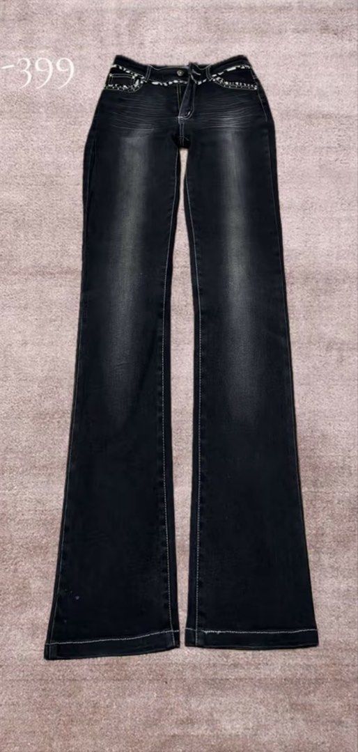 Black Bootcut Jeans Studded Y2K (Category: Jeans) located in Ibaan. Submitted by jiara_18 (Listing ID 1467729689, Image 1). Description: - Size: 27 with an 8.1-inch rise -Length: 38 - Wash: Black wash denim with subtle fading down the legs - Details: White contrast stitching and edgy metal stud embellishments on pockets - Unique Feature: Trendy animal print patterned trim along the waistband and back pockets.