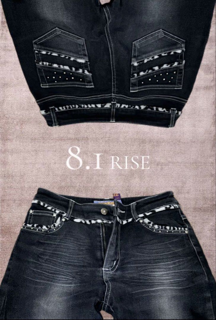 Black Bootcut Jeans Studded Y2K (Category: Jeans) located in Ibaan. Submitted by jiara_18 (Listing ID 1467729689, Image 2). Description: - Size: 27 with an 8.1-inch rise -Length: 38 - Wash: Black wash denim with subtle fading down the legs - Details: White contrast stitching and edgy metal stud embellishments on pockets - Unique Feature: Trendy animal print patterned trim along the waistband and back pockets.