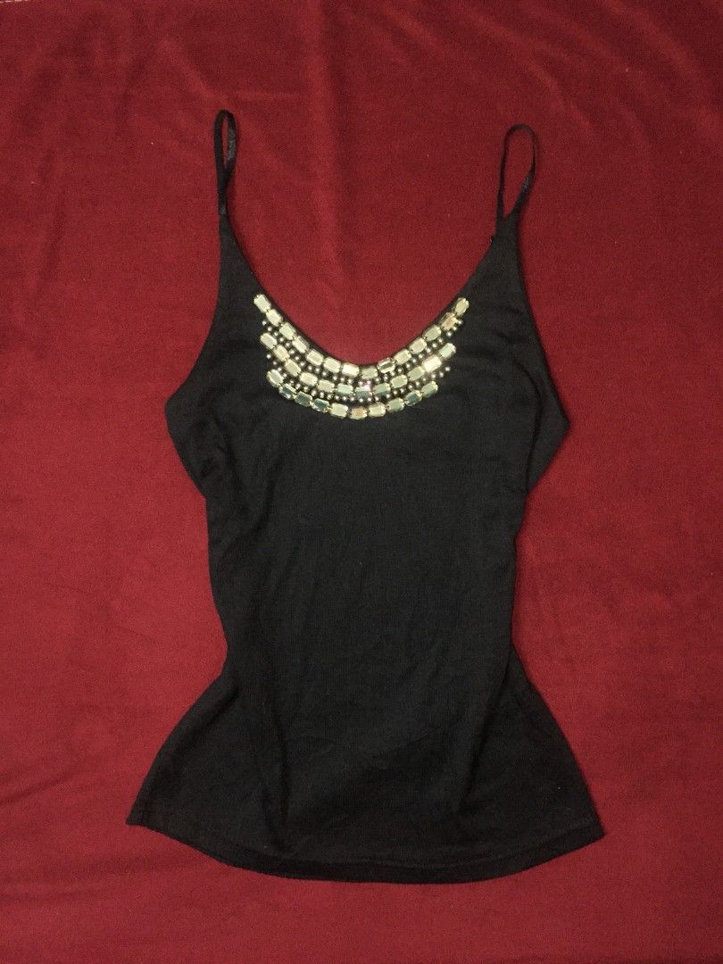 Black Camisole Top (Category: Sleeveless) located in Valenzuela. Submitted by xellexoxo (Listing ID 1467807207, Image 2). Description: DETAILS: ☆ Brand: (no tag) ☆ Style: Camisole top w/ rhinestone neckline ☆ Color: Black ☆ Size: XS to Small ☆ Condition: In good condition. No issues.