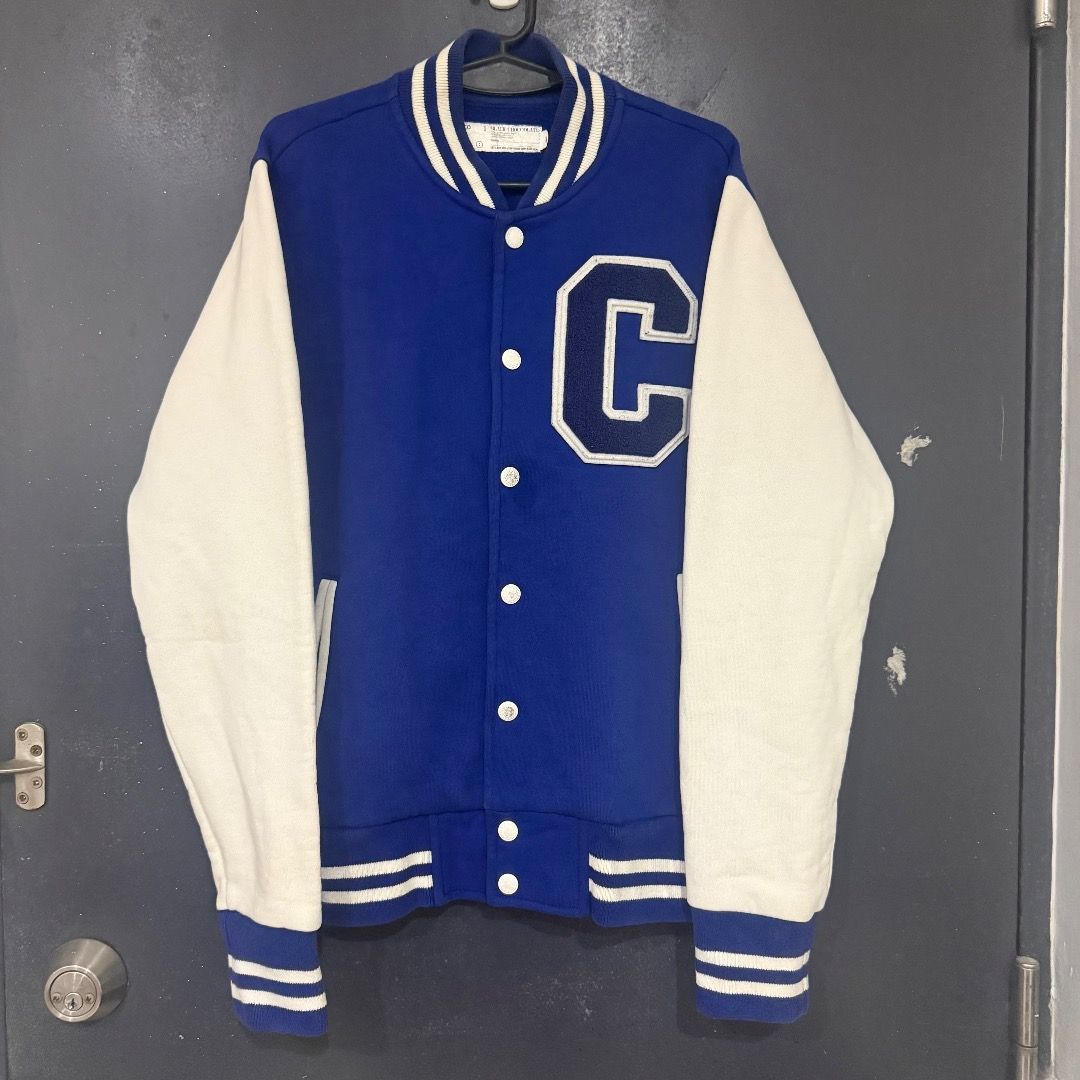 BLACK CHOCOOLATE VARSITY JACKET BLUE (Category: Coats, Jackets and Outerwear) located in Manila. Submitted by hawtstufff (Listing ID 1467708116, Image 1). Description: - L24W18 - Classic blue body with contrasting white sleeves - Large letter C patch on the left chest - Convenient snap button front closure - Stylish striped ribbed collar, cuffs, and hem - Two functional front welt pockets - Condition note: Minor stains and marks on the white slee