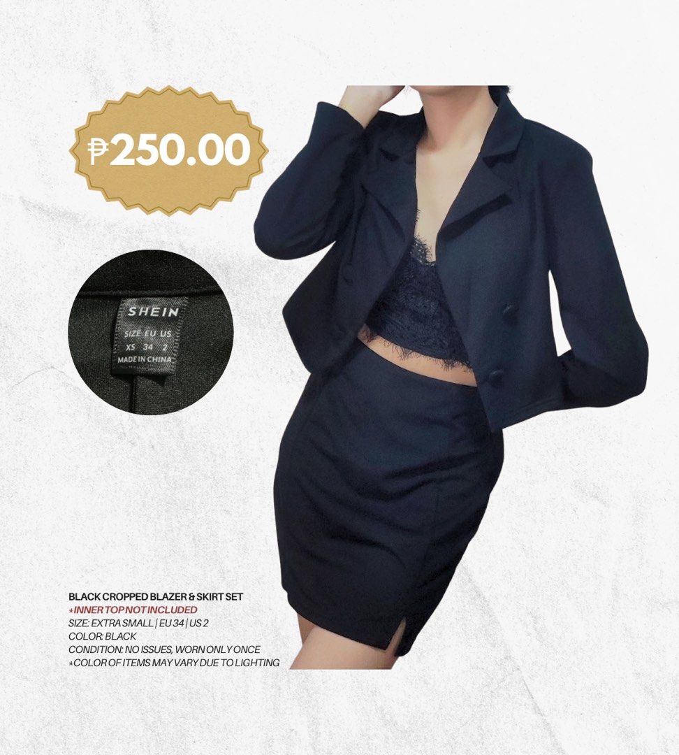Black Cropped Blazer & Skirt Coords (Category: Sets or Coordinates) located in Quezon City. Submitted by cessysells (Listing ID 1466825379, Image 1). Description: Black Cropped Blazer and Mini Skirt Set/Coords - good condition, no issues - used only once for a shoot - with minimal shoulder padding #decluttering hindi na kasya 📍Location: Cubao, Quezon City 💰MOP: Gcash, Bank Transfer 📦MOD: Lalamove, Angkas or depends to the buyer. SF will be sho