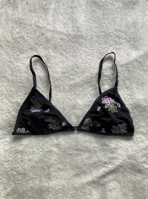 Black Triangle Bralette (Category: Undergarments & Loungewear) located in Rizal. Submitted by sheeraay (Listing ID 1467650866, Image 2). Description: - Style: Triangle bikini top - Color: Black - Size: Medium - No pad slots - Details: Adjustable straps with metal hardware rings.