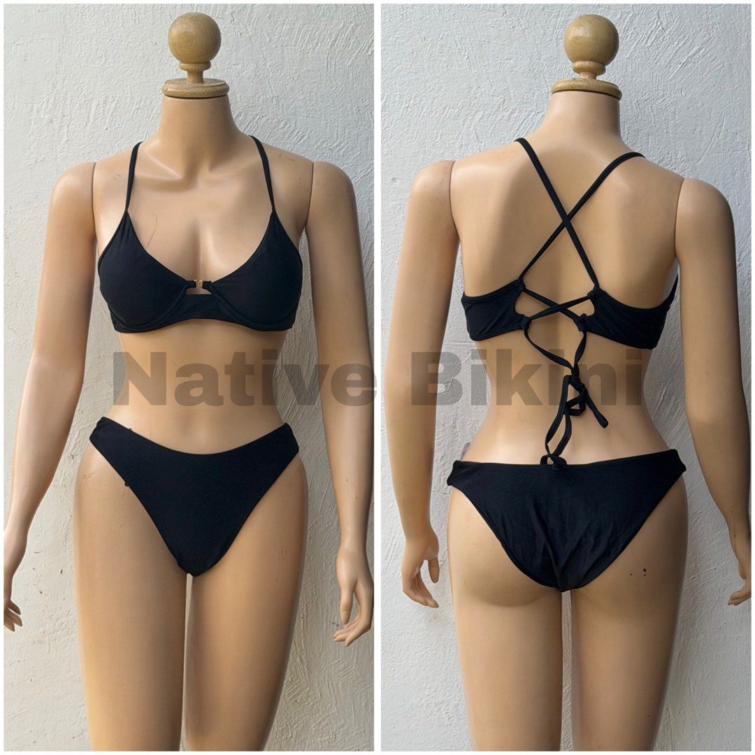 Black two-piece bikini set with cross back straps (Category: Bikinis & Swimsuits) located in El Nido. Submitted by nativebikini (Listing ID 1467650571, Image 1). Description: - Color: Classic Black - Set: Two-piece bikini (top and bottoms) - Top: Underwire support with adjustable thin cross-back ties - Bottoms: Flattering high-cut design - Style: Minimalist solid color, great fit for the beach or pool.