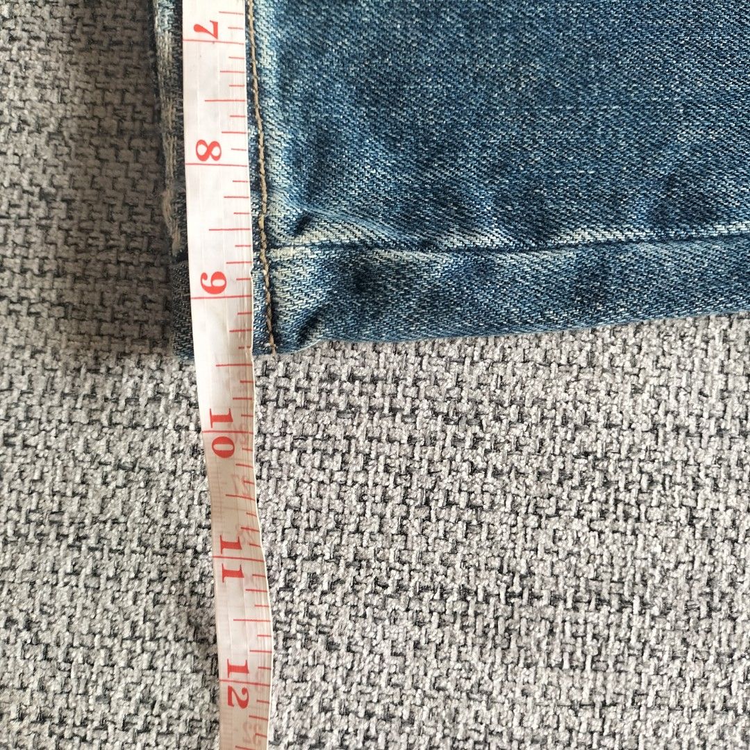 Blue Distressed Boot cut Jeans Denim Pants (Category: Jeans) located in Taytay. Submitted by calmtree-6248 (Listing ID 1467637267, Image 3). Description: - Style: Classic Y2K mid-rise flare jeans - Details: Whiskering, distressed knees/legs, and slight thigh fading - Closure: Metal button fly - Measurements: Waist width ~16", Total length ~42", Inseam ~31.5" - Condition: Excellent, ready to wear.