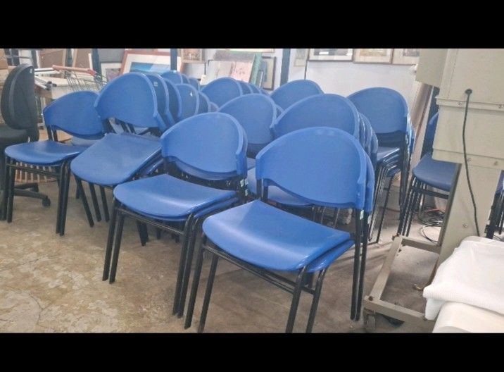 Blue stacking chairs with metal legs (Category: Chairs) located in Manila. Submitted by jlyn14 (Listing ID 1467607488, Image 1). Description: - Vibrant blue plastic seats and backs - Sturdy black metal frames for durability - Space-saving stackable design for easy storage - Ideal for offices, events, classrooms, and extra home seating - Multiple chairs available.