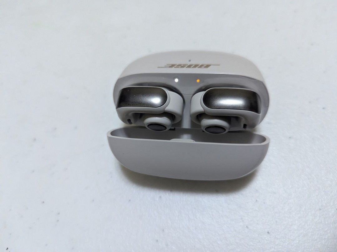 Bose Ultra Open Earbuds (Category: Earphones) located in Antipolo. Submitted by greyhoundt (Listing ID 1467724550, Image 1). Description: - Authentic Bose Ultra Open Earbuds - Color: Grey with sleek metallic dark silver accents - Design: Comfortable open-ear fit that rests securely on the ear - Condition: 100% working order, exceptionally clean interior and exterior - Includes: Charging case with functioning LED indicators.