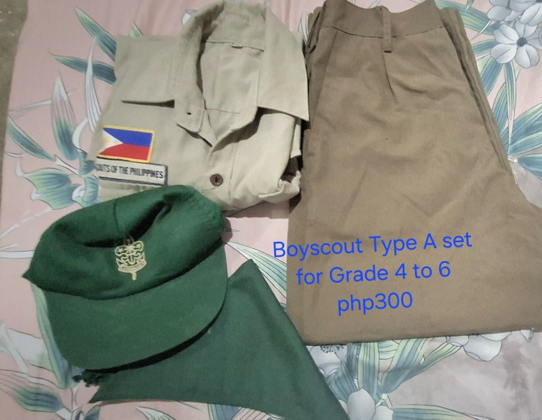 Boyscout Type A Set Grade 4 to 6 (Category: Babies & Kids Fashion) located in Cabuyao City. Submitted by gaile29 (Listing ID 1467615476, Image 1). Description: - Complete Boyscout Type A uniform set for grade school students - Includes shirt, Well Off trousers, green cap, and green neckerchief - Shirt dimensions: 39 inches width, 23 inches length - Pants dimensions: Garterized waist fits 28 to 33 inches, 35 inches length - Ready to wear for schoo